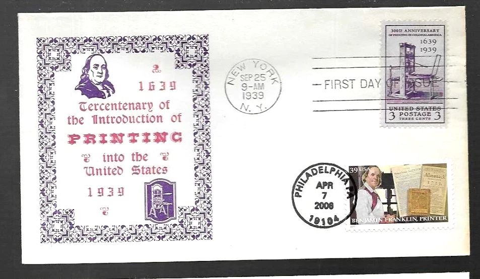 1939 Printing in American BEN FRANKLIN #857-18 SANDERS CACHET DUAL CANCEL FDC UN - Image 1 of 1