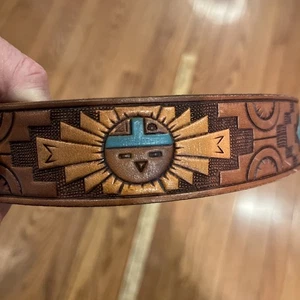 Chambers Phoenix Kachina Small Tooled Brown Leather Western Native American Belt - Picture 1 of 11