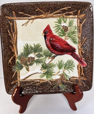 Pendurado na parede cardinal em pinheiros cena de inverno Natal feriado - Imagem 1 de 4