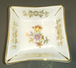 PM Made in East Germany Trinket Square Dish Flowers with Gold Trim 2 Inches. - Picture 1 of 8