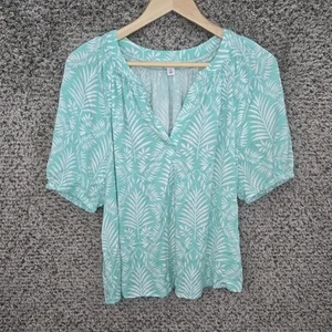 Crown & Ivy Top Womens PL Petite Large Green Short Sleeve Peasant Blouse Casual - Picture 1 of 7