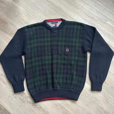 Suéter Tommy Hilfiger De Colección Para Hombres XL Verde Azul Marino Negro Reloj Cuadros Grueso Tejido Foto 1 de 4
