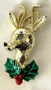 Vintage Gold Tone Reindeer Head Brooch  ~ Blue Eye Rhinestone ~ Enamel - Picture 1 of 2