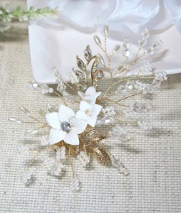 Ceramic Large Flower Bridal Hairclip, White Clay Floral Branch Wedding Hair Clip - Picture 1 of 10