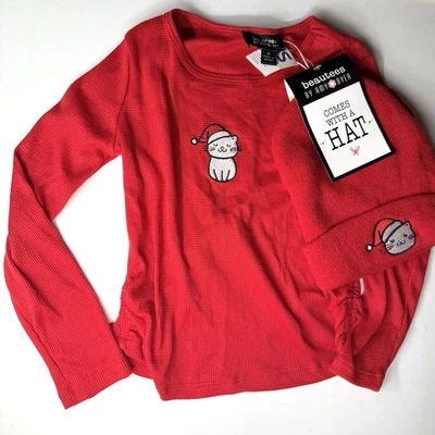 Conjunto de gorro de malha suéter camisa manga longa Natal novo com etiquetas gatinho gato - Imagem 1 de 3