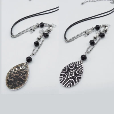 Chicos Reversible Teardrop Pendant Necklace Black Enamel Boho 32" - Image 1 of 4