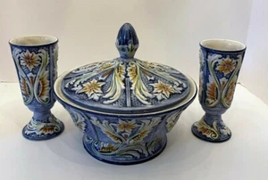 Vintage Elpa Alcobaca Covered Bowl And Goblets Blue Floral Set Of 3 Portugal  - Picture 1 of 12