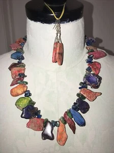 Collana dichiarazione pepita piatta grande multicolore 925 chiusura a gancio con orecchini!! - Foto 1 di 15