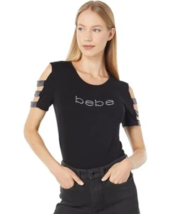 Neu mit Etikett Bebe Authentic Large DAMEN SCHWARZES KURZARMSHIRT STRASSSTEINE AN DEN ÄRMELN - Bild 1 von 6