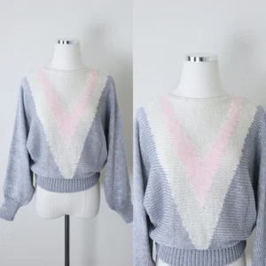 Vintage 1980s Angora Metallic V Varsity Knit Sweater Batwing Silver Pastel Pink - Picture 1 of 11