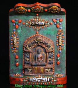 Old Tibet Turquoise Dzi Bead Gems Buddhism Seat Shakyamuni Buddha Shrines Tangka - Picture 1 of 8