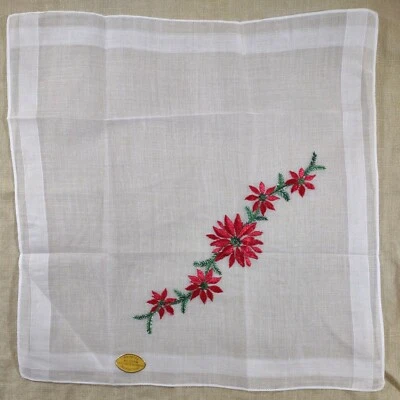 NOS 11" Vtg Christmas Hankie Poinsettias Red Embroidered 22JB01 (H159) - Image 1 of 3
