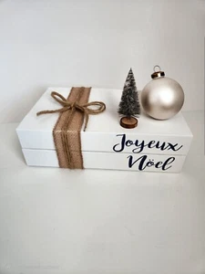 Christmas Joyeux Noël Decorative Book stack shelf home decor tan beige ribbon - Picture 1 of 12