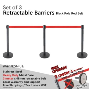 3x 3m Retractable Queue Crowd Barriers Crowd Control (Black Pole & Red Belt) - Picture 1 of 6