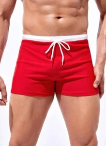 Men’s Red White Square Cut Swim Shorts/ Swim Briefs/ Trunks/ Swimsuit Size Small - Picture 1 of 4