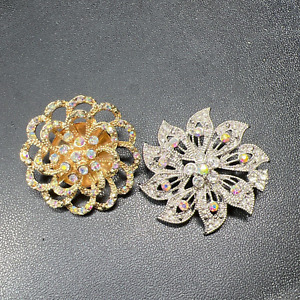 Lot Of 2 Fashion Jewelry Crystal Rhinestones Flower Pins Brooches