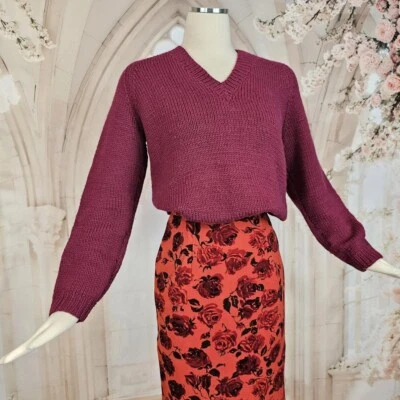 Vintage Cherry Red Burgundy Sweater Hand Knit 1950s 1960s Long Sleeve Top Jumper - Image 1 of 4