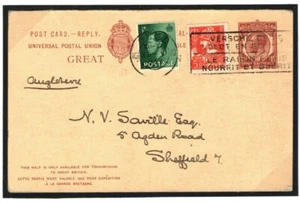 GB USED BELGIUM MIXED FRANKING KGV Reply Card KEVIII Uprated 1937 K173a  - Picture 1 of 6