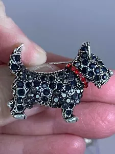 Dog Terrier Black Rhinestone Vintage Silver Brooch Pin M-3705 - Picture 1 of 3