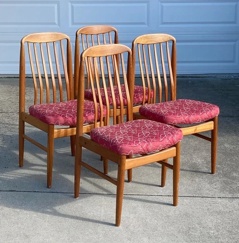 Four Ergonomic, Teak, Danish Modern Dining Chairs, Recovered in Vintage Fabric Cover