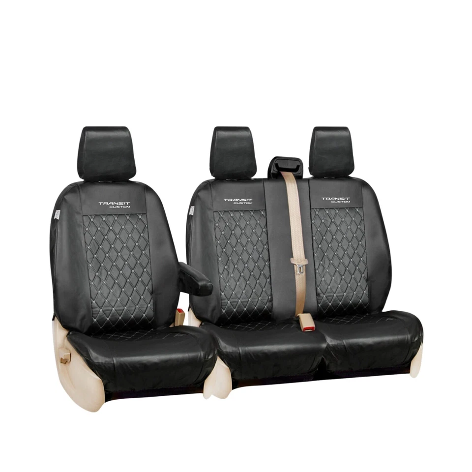 TAILORED FOR TRANSIT CUSTOM VAN - PREMIUM DIAMOND QUILTED LEATHER SEAT COVERS - Image 1 of 2