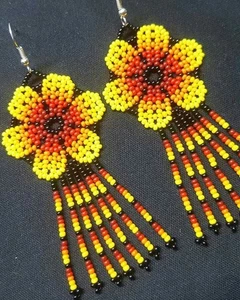 Flower Tribal Earrings Native Large Boho American Seed Beads Handmade Earring - Picture 1 of 8