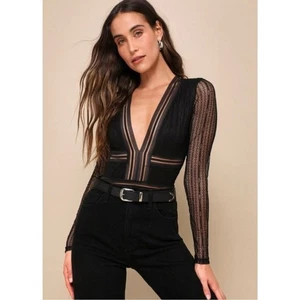 Lulu’s Casita Black Sheer Lace Long Sleeve Bodysuit Size Medium Sexy Party Club - Picture 1 of 16