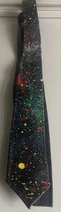 Vtg 70 80s New Wave Black Red Paint Splatter Real Leather Skinny Tie Punk - Picture 1 of 8