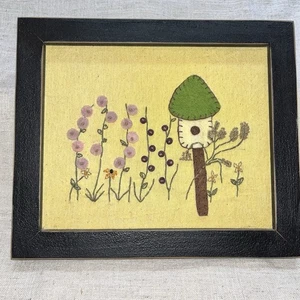 Vintage Felt Art Framed Birdhouse And Flowers - Picture 1 of 8