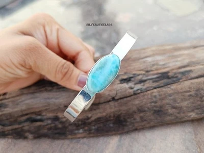 925 Sterling Silver Turquoise Gemstone Adjustable Bangle Handmade Jewelry AK7690 - Image 1 of 4