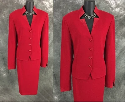 BEAUTIFUL st john evening knit red rhinestones embellished skirt suit 12 14 - Image 1 of 4