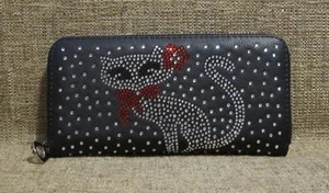 Embellished Cat Wallet Black Zip Around Ladies Wallet Rhinestone Diva Cat Front - Picture 1 of 4