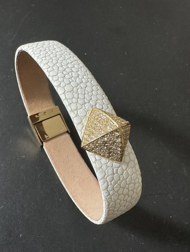 Bracciale Michael Kors Pave Cristallo Spike con Pelle Bianco Lungo 8”