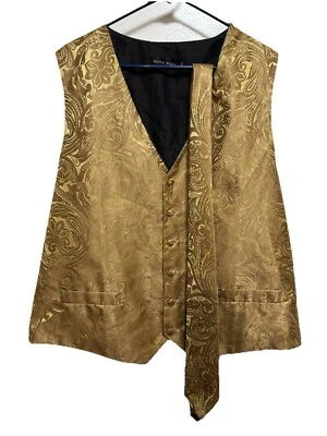 Barry Wang Hand Tailored Silk Vest and Tie~ Men’s 3XL~Gold Brocade - Image 1 of 4