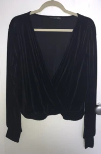 BLACK TAPE Women's Jet Black Velvet Surplice Neck Faux Wrap Top Size Petite/XL - Picture 1 of 5