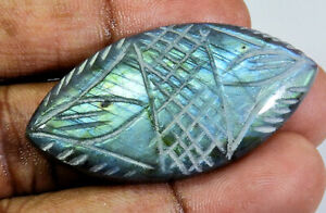 63Cts.Natural Labradorite Carving Marquise Cabochon Loose Gemstone 24X47X7MM