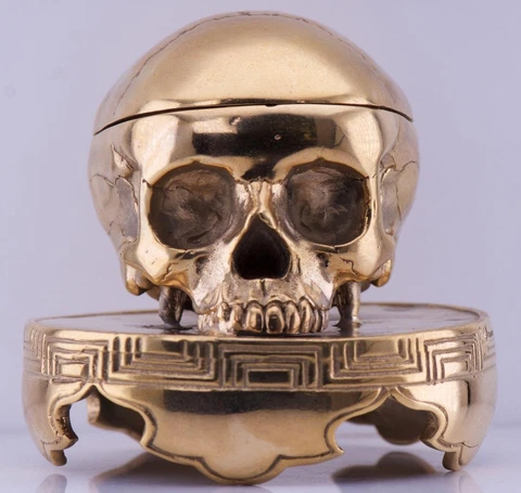 Antique French Ormolu Gilt Bronze Skull Desk Table Clock Verge Fusee c1800's Cover