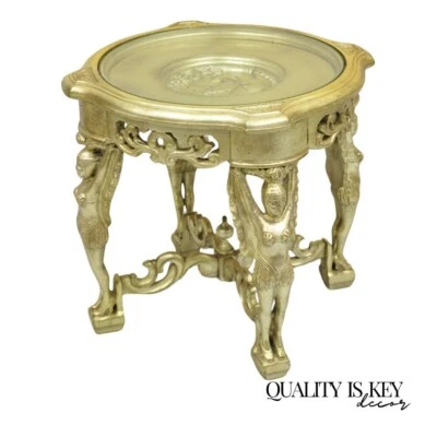 Vintage Art Deco Carved Female Dancer Silver Gold Round Coffee Side Table - Image 1 of 4