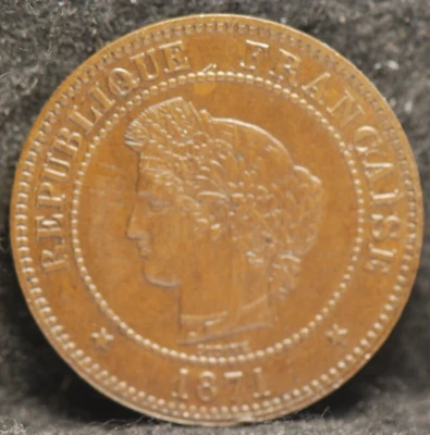 France, 1871-A 5 Centimes, KM821.1, About Uncirculated, tiny tick, NR, 5-1 - Image 1 of 2