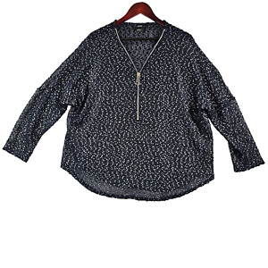 Alfani Open Weave Half-Zip Sweater Long Sleeve Mesh w/ Metallic Silver Navy 1X