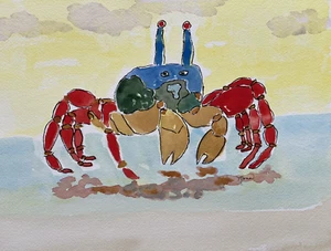 "CANGREJO AZUL, Arte de Mona Acuarela~PINTADO A MANO, NO IMPRESO 9"" x 12"" - Imagen 1 de 3