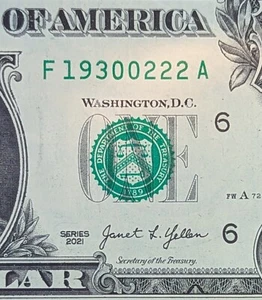 2021 $1 bill fancy serial, birthday date note 19300222, February 22, 1930 - Picture 1 of 3