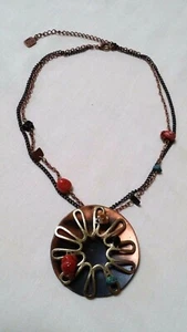 Copper & Black Round Pendant Necklace Polished Stone Goldtone Trim You & I Used - Picture 1 of 7