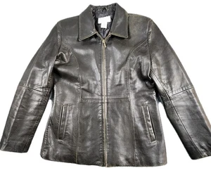 Petite Sophisticate S Brown Leather Jacket Zip Front Classic Americana Y2K Chic - Picture 1 of 8