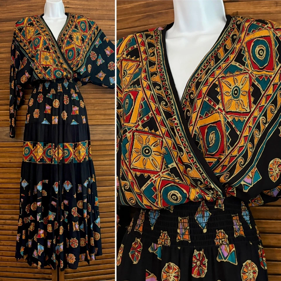 Vestido Largo Vintage Carole Little Negro Hippie Boho Años 90 Talla 8 Foto 1 de 4