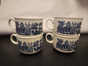 H4 Vintage Churchill England Blue Willow Set of 4 Large Breakfast Cups Soup Mugs - Picture 1 of 5