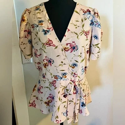 LILY WHITE BRAND FLORAL FAUX-WRAP SHORT SLEEVE BLOUSE - LARGE - Image 1 of 4