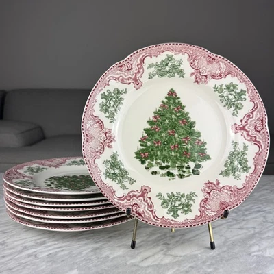 Set Of 2 JOHNSON BROS OLD BRITAIN CASTLES PINK GREEN CHRISTMAS TREE DINNER PLATE - Image 1 of 4