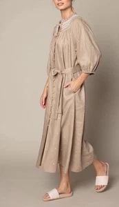 ZOE KRATZMANN Dress Size 3 AU 14 /US 10 Midi Linen Beige Button Up Embroidered - Foto 1 di 23