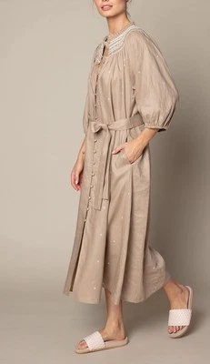 ZOE KRATZMANN Dress Size 3 AU 14 /US 10 Midi Linen Beige Button Up Embroidered - image 1 of 4
